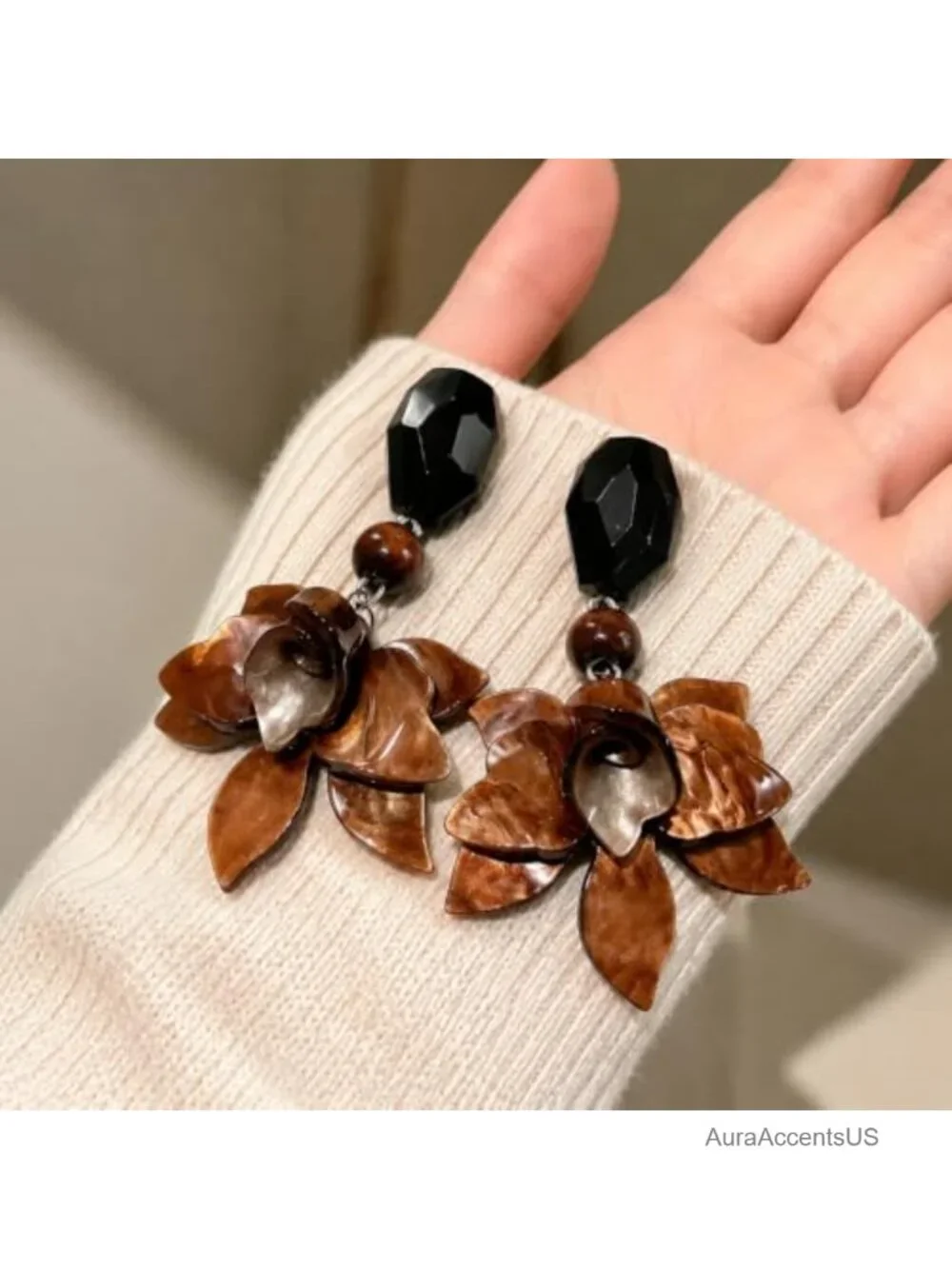 Layered Resin Petal Dangle Earrings for Women, Boho Floral Statement Jewelry